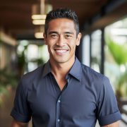 Headshot of a smiling young man in dark blue shirt.